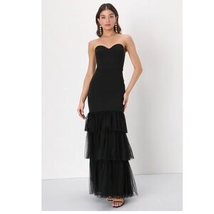 Lulus Dramatic Fanatic Black Strapless Tulle Trumpet Maxi Dress